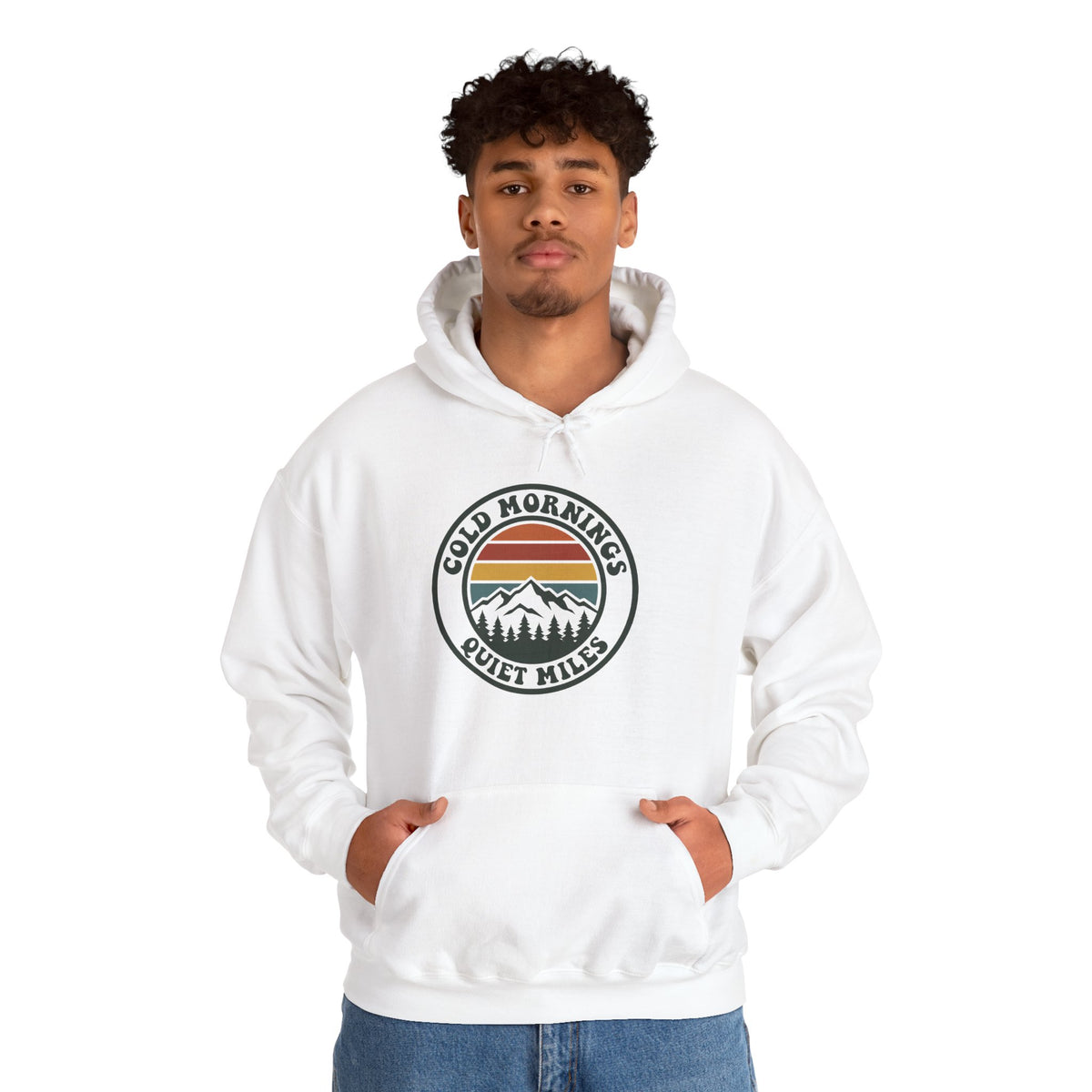 Cold Mornings Quiet Miles Hoodie — Retro Mountain Running Pullover