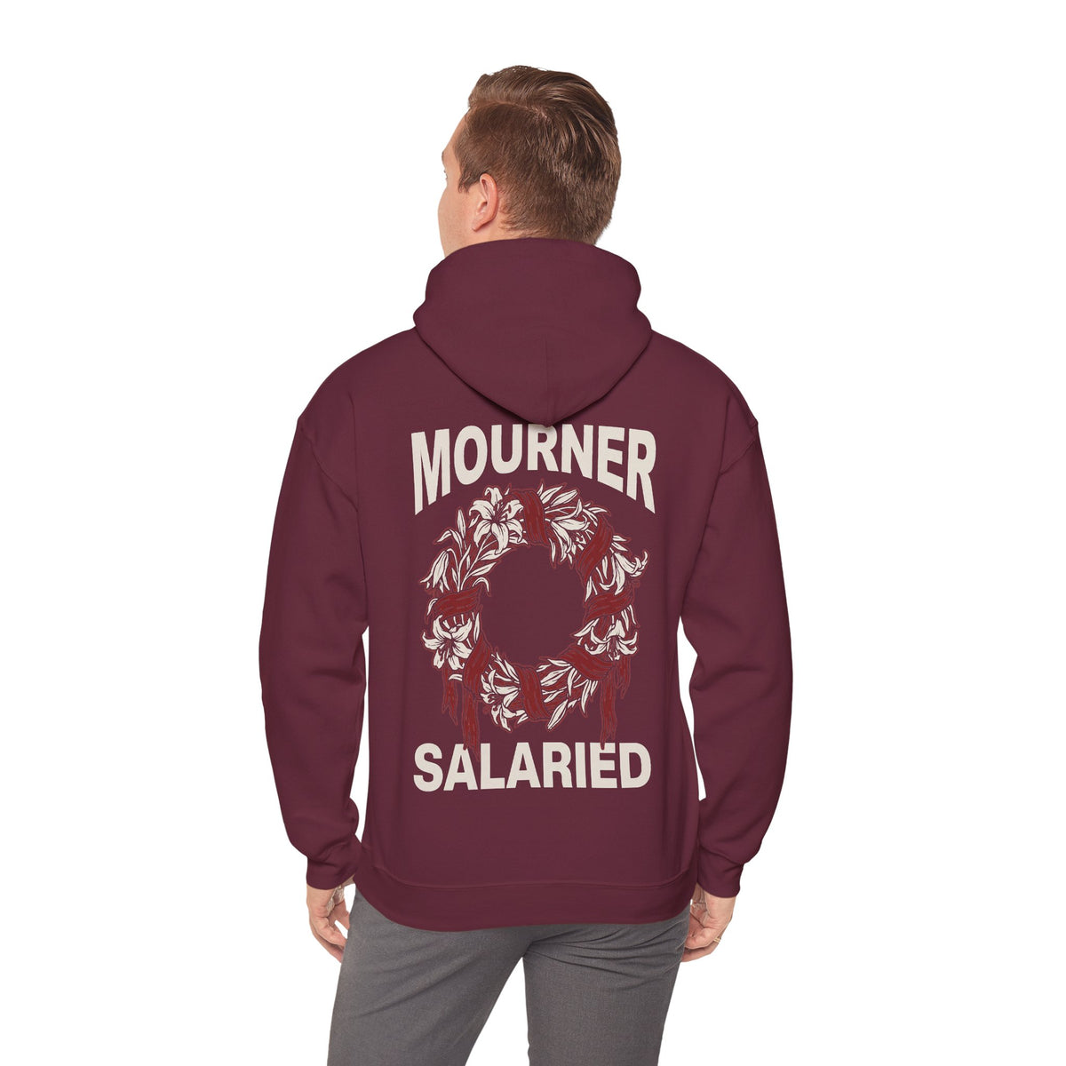 Mourner Salaried Hoodie - Floral Wreath Back Print Comfort Pullover