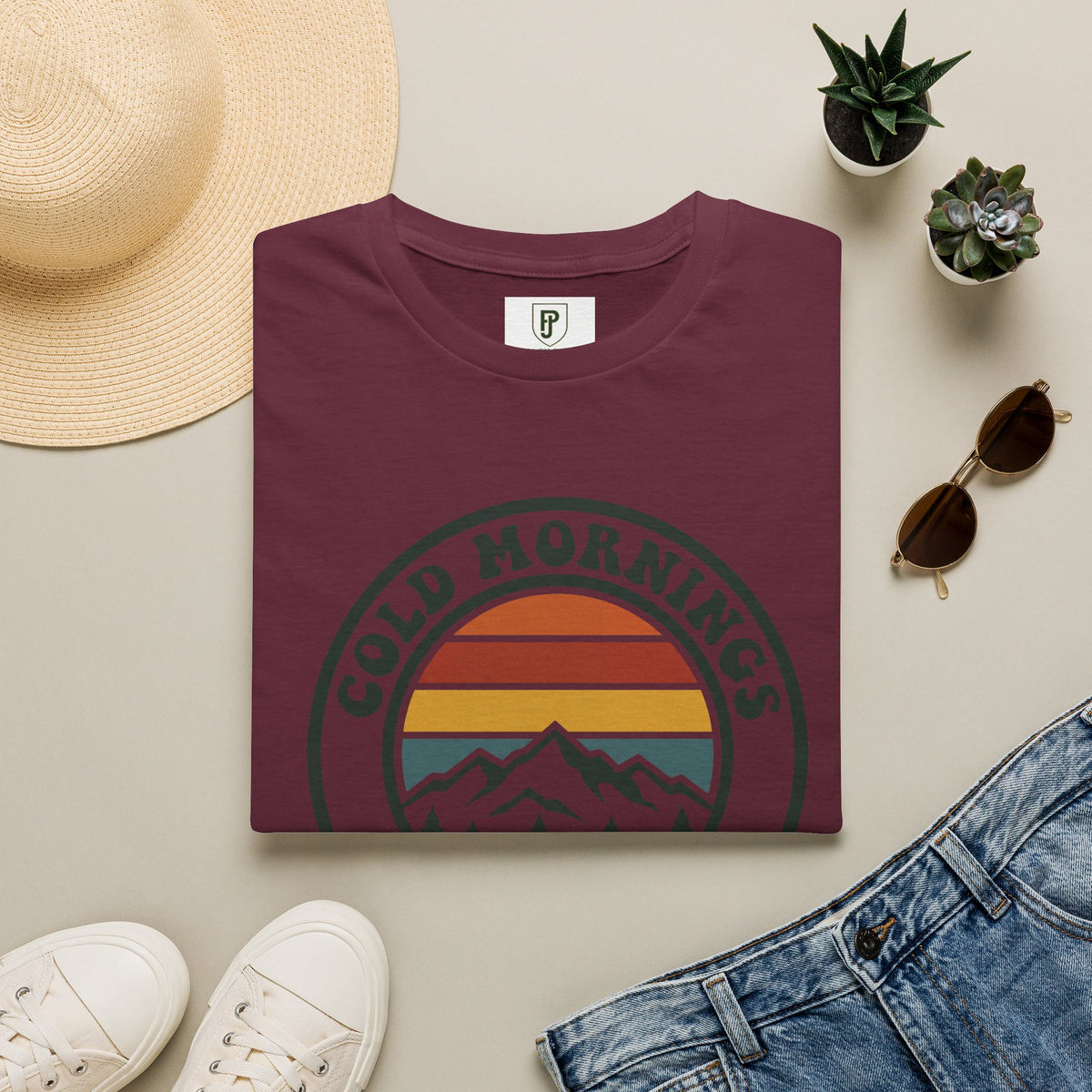 Cold Mornings Mountain T-Shirt — Retro Sunset Outdoor Tee