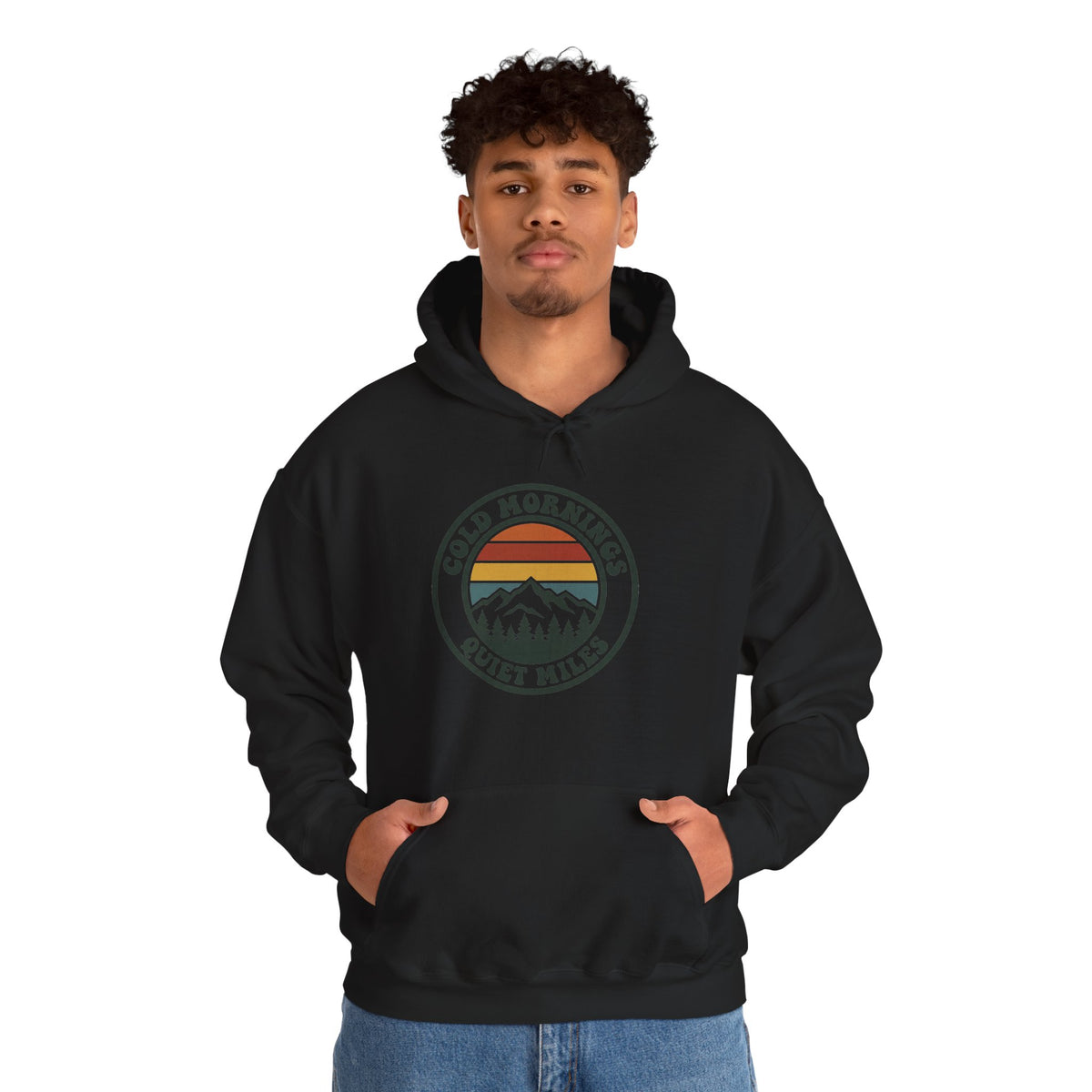 Cold Mornings Quiet Miles Hoodie — Retro Mountain Running Pullover