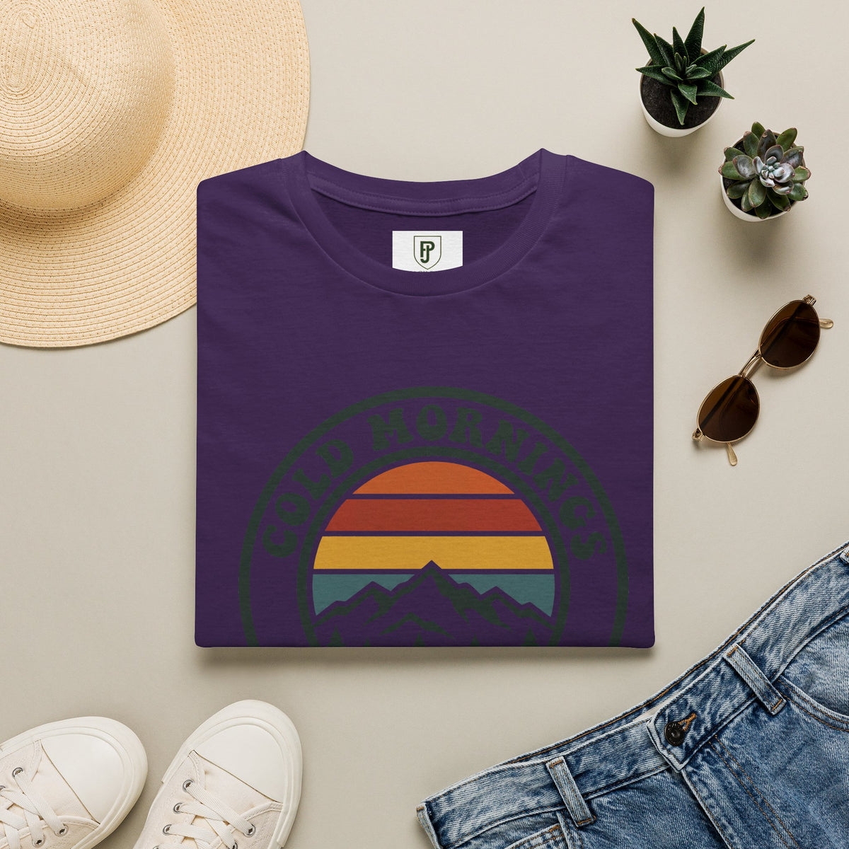 Cold Mornings Mountain T-Shirt — Retro Sunset Outdoor Tee