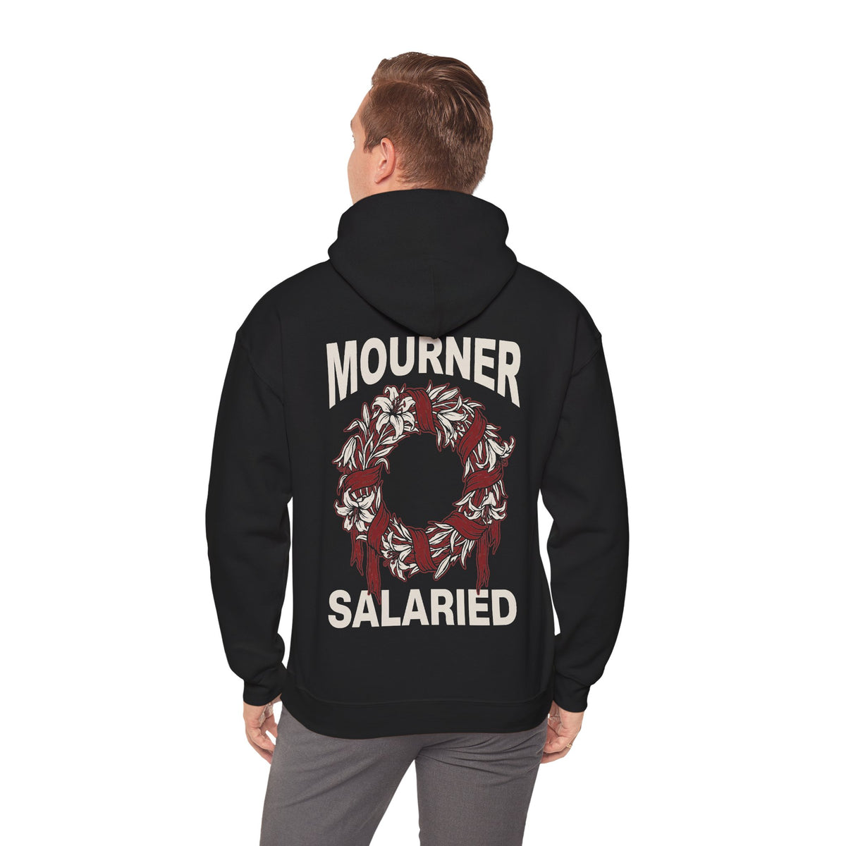 Mourner Salaried Hoodie - Floral Wreath Back Print Comfort Pullover
