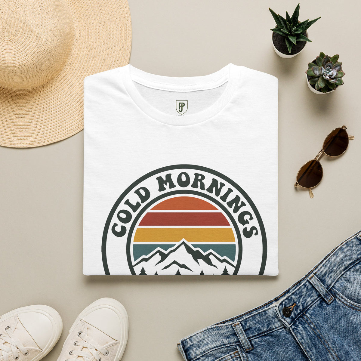 Cold Mornings Mountain T-Shirt — Retro Sunset Outdoor Tee