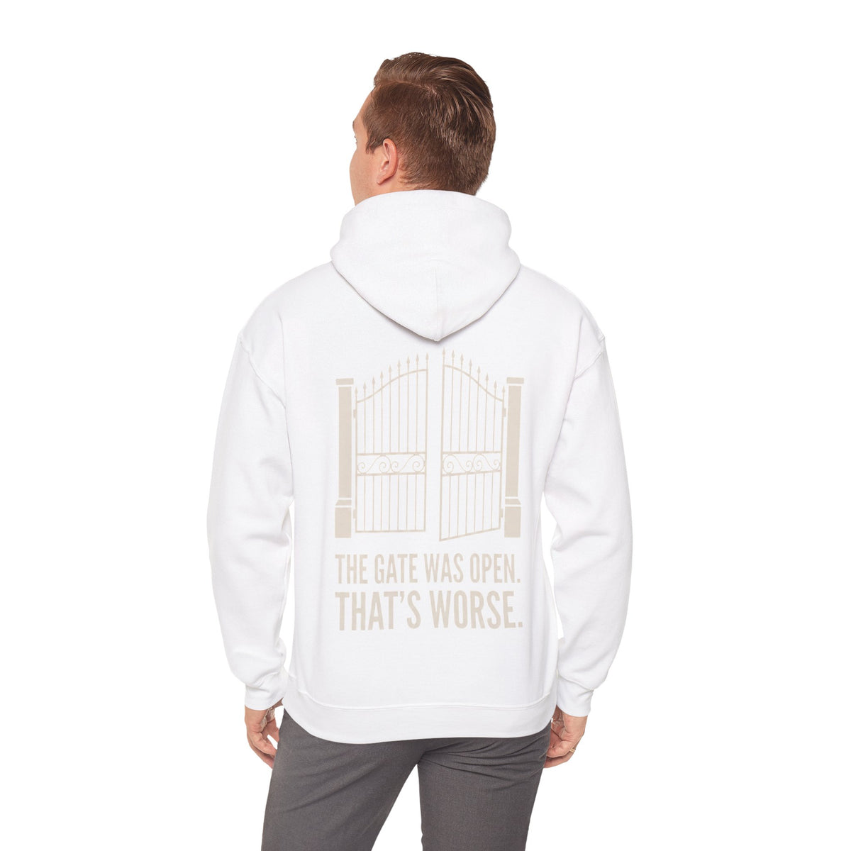 Hoodie — 'The Gate Was Open, That's Worse' Graphic Back Print