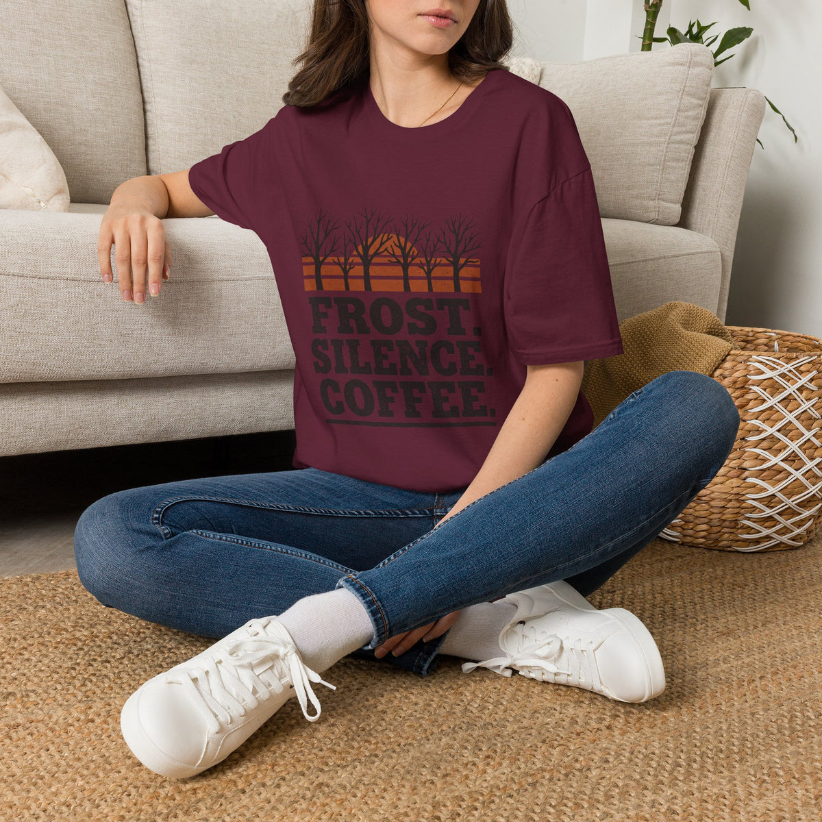 Frost. Silence. Coffee. T-Shirt — Winter Sunrise Tree Graphic