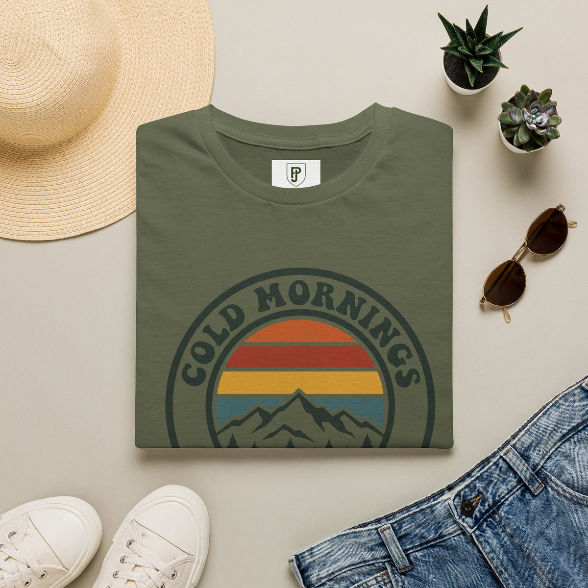 Cold Mornings Mountain T-Shirt — Retro Sunset Outdoor Tee