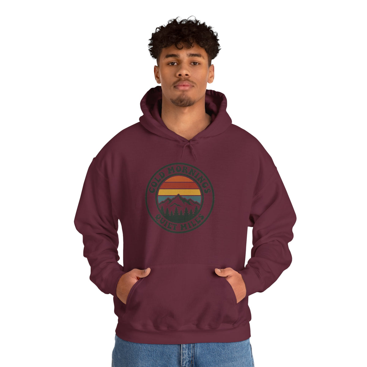 Cold Mornings Quiet Miles Hoodie — Retro Mountain Running Pullover