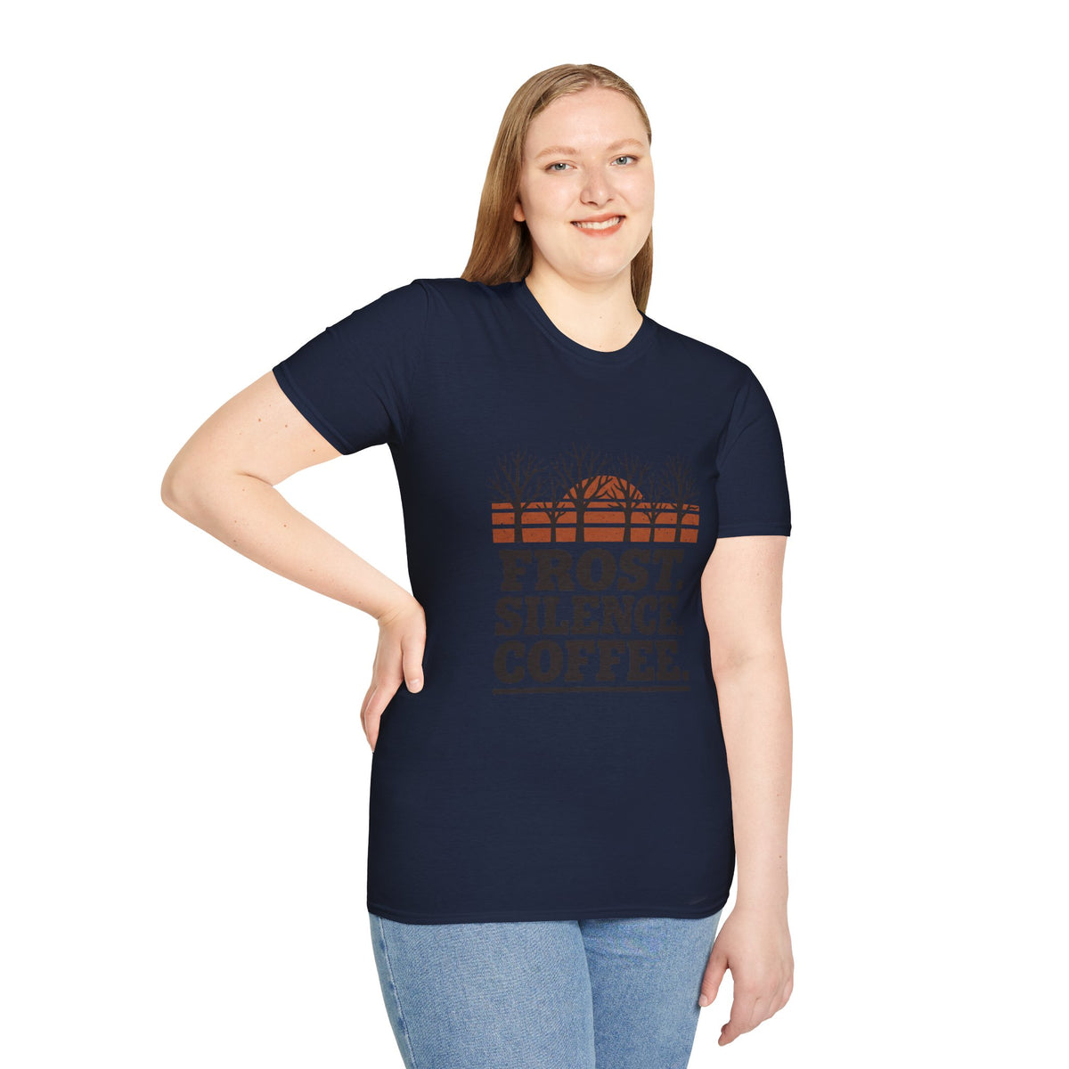 Frost. Silence. Coffee. T-Shirt — Winter Sunrise Tree Graphic