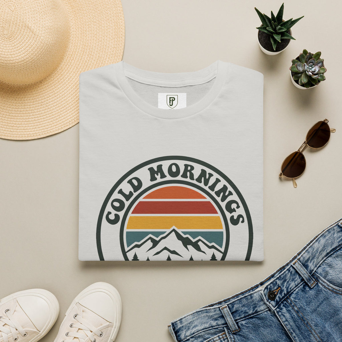 Cold Mornings Mountain T-Shirt — Retro Sunset Outdoor Tee