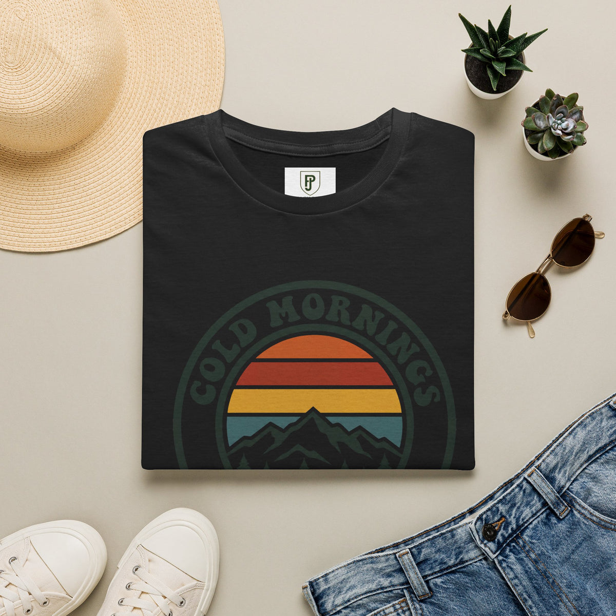 Cold Mornings Mountain T-Shirt — Retro Sunset Outdoor Tee
